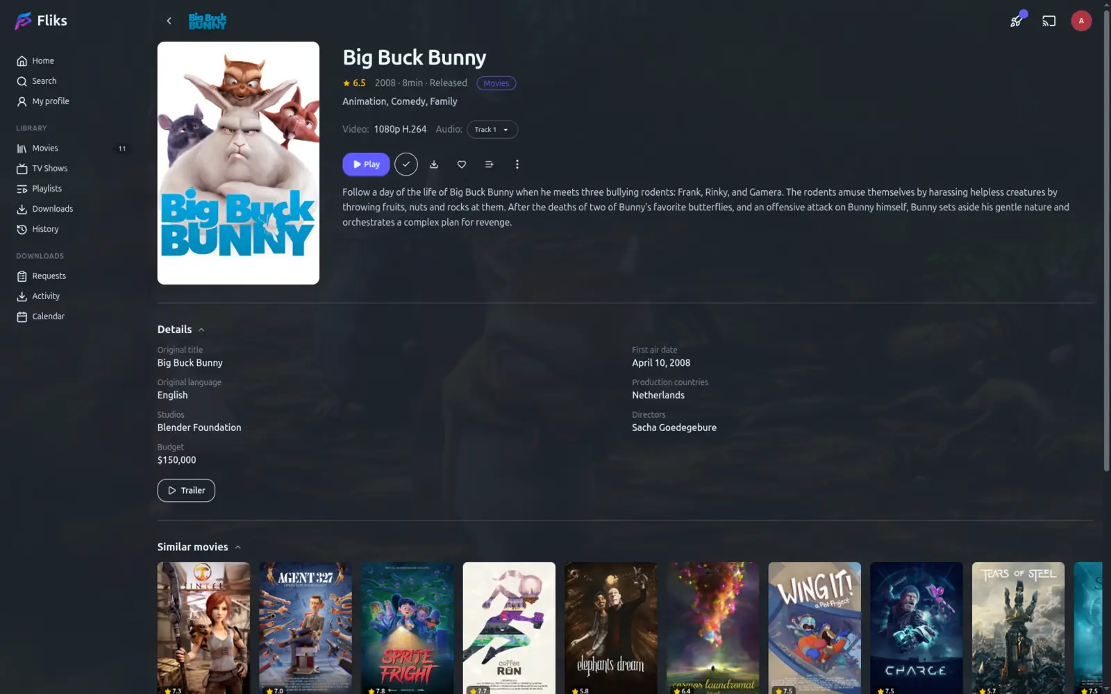 A film detail page with synopsis, cast and crew
