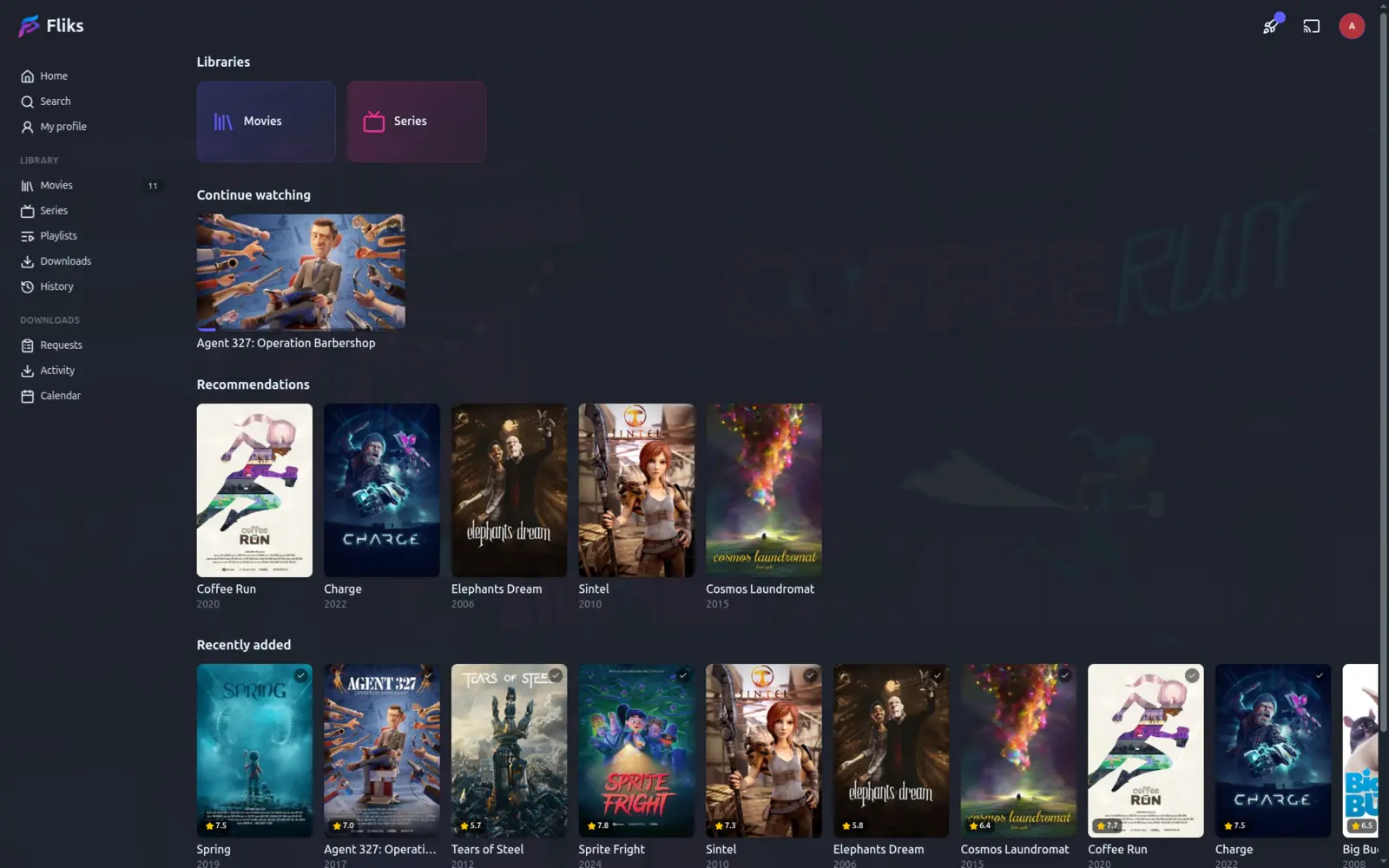 The Fliks home page with continue watching and recommendation rows